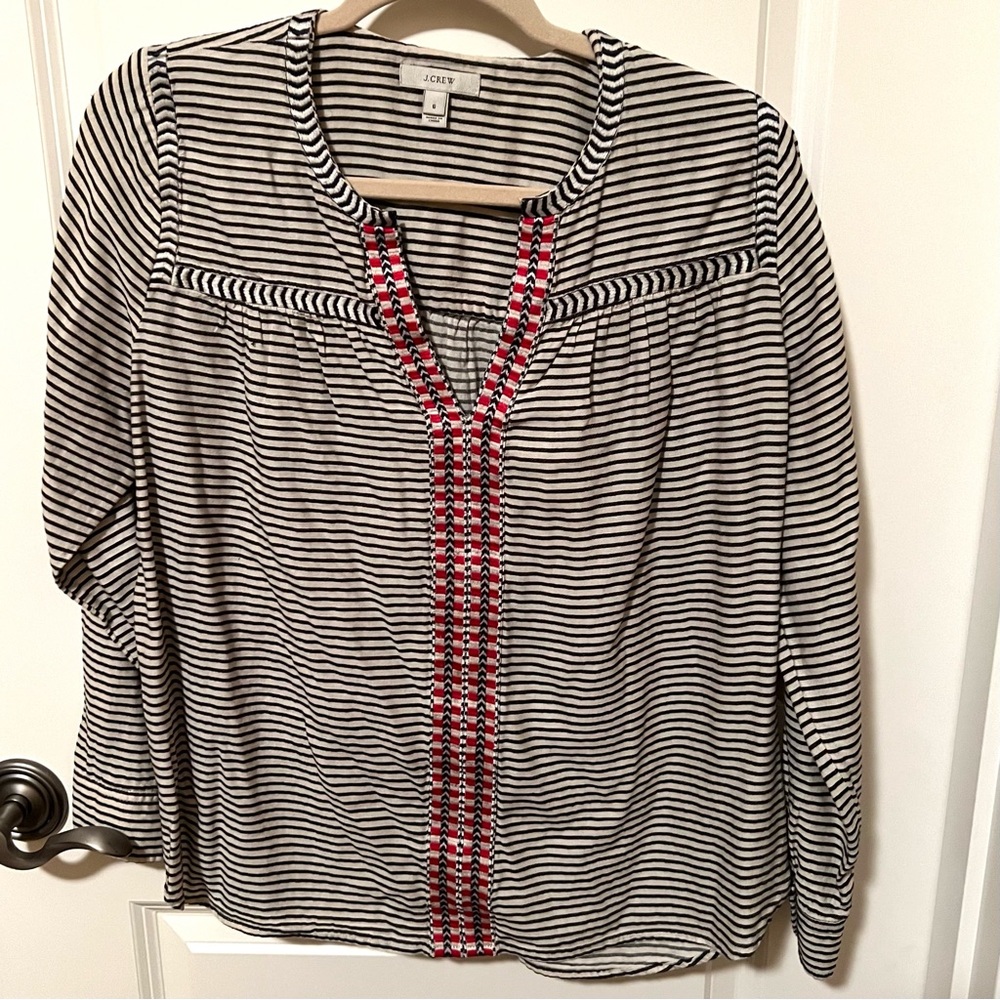 J Crew Pullover Blouse Cotton & Viscose, Navy & Natural Stripe with Red accents